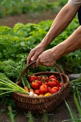 Fototapeta premium Farmer s hands harvesting fresh vegetables in a wicker basket