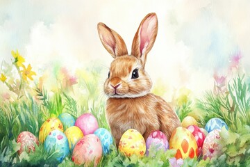 Adorable watercolor easter bunny surrounded by colorful painted eggs in a spring meadow