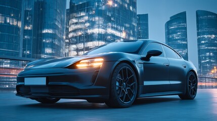 Fototapeta premium Sleek black electric car parked in a modern city at night, with illuminated buildings and glowing headlights, representing future transport
