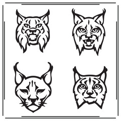 Wild Cat Head Illustrations Set - Lynx and Wildcat Faces, Black and White Animal Logos, Tribal Cat Logos, Vector Animal Head Designs