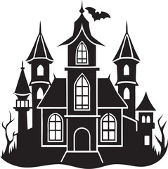 Obraz premium Black silhouette of a haunted castle with bat Halloween