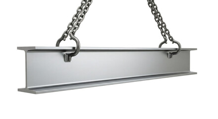 Metal beam suspended by chains against a transparent background. The beam is rectangular and silver, showcasing a smooth surface and industrial design.