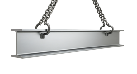Metal beam suspended by chains against a transparent background. The beam is rectangular and silver, showcasing a smooth surface and industrial design.
