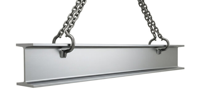 Metal beam suspended by chains against a transparent background. The beam is rectangular and silver, showcasing a smooth surface and industrial design. - Powered by Adobe