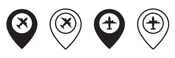 Obraz premium Airport Location Pin Vector Icon – Airplane Travel Map Marker, Flight Destination and Navigation Symbol on White Background