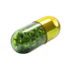 Fototapeta premium Bright green cells within a transparent capsule, gold caps, isolated on black