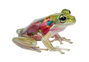 Detailed anatomical view of a vibrant, colorful frog, showcasing internal organs in vivid hues against a striking black backdrop.