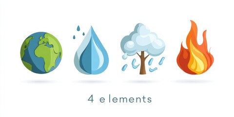 Stylized earth, water drop, tree, and flame icons representing the four classical elements, on a white background