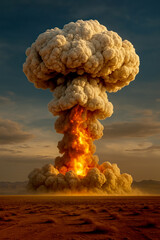  AI-generated image of a massive atomic bomb mushroom cloud rising high into the sky over a barren desert-like landscape.