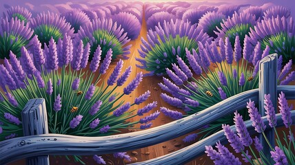 Vibrant lavender field with rustic wooden fence and golden sunlight