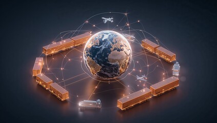 A global logistics and supply chain business concept featuring cargo containers, airplanes, ships, and trucks connected around a digital world, Generative AI