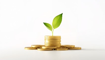 A high-resolution sustainable business finance concept featuring a green leaf growing from stacked golden coins symbolizing eco-friendly investment, Generative AI
