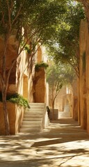 Obraz premium Sun-dappled alleyway with ochre buildings, lush greenery, and a white staircase leading to a shadowed entrance