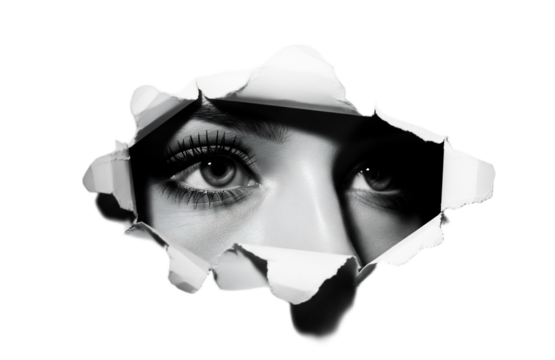A close-up of a woman's eye peering through a torn paper hole. The eye is striking with long eyelashes and a subtle makeup look. The background is transparent.