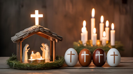 Christmas nativity scene, Easter eggs with a cross, or Good Friday candle vigil