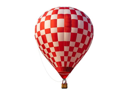 A vibrant red and white checkered hot air balloon floats against a black background.