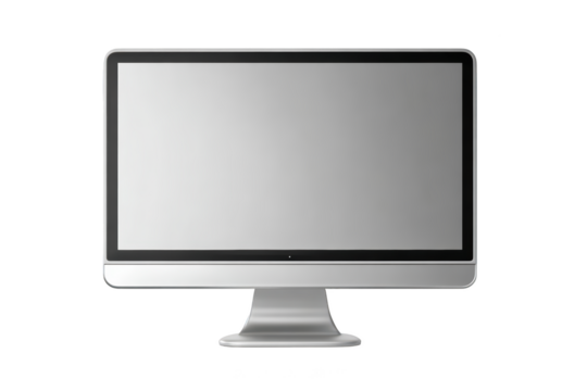 Sleek silver desktop computer with a large, blank, gray screen on a black background