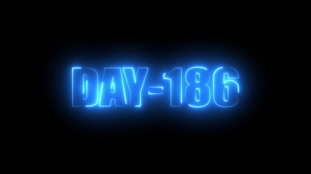 Blue Neon text day-186 animation on black background.calender, text,number, days, date, countdown neon text concept.