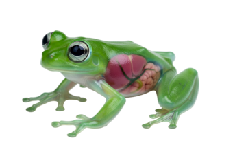 A detailed anatomical illustration of a vibrant green tree frog, showcasing its internal organs in vibrant hues against a stark black background.