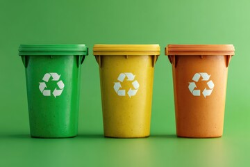 Three cylindrical recycling bins, green, yellow, and orange, with recycle symbols, stand on a green background
