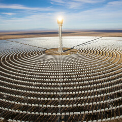 An aerial view of a massive concentrated solar power plant with a circular array of heliostats. AI generated