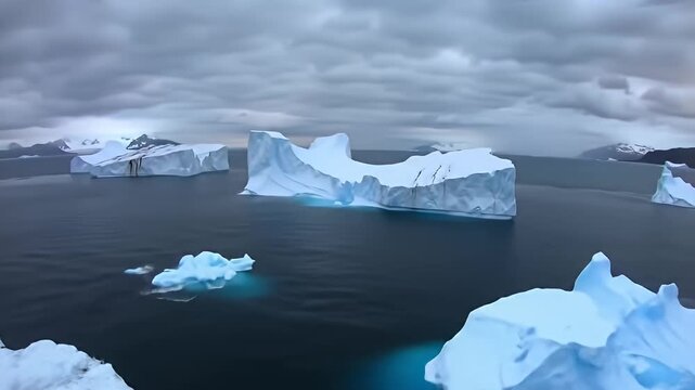 Icebergs float in a dark, frigid sea under a cloudy sky, distant mountains visible