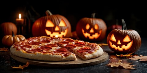 Delicious pepperoni pizza with spooky halloween jack. Savory spiced flatbread pie frightful autumn gourd holiday treat tasty snack october scary festive cuisine cooked baked