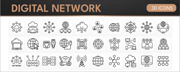 Digital Network & Connectivity Icons Pack : network nodes, global networks, cloud computing, routers, modems, servers, Wi-Fi, Ethernet cables, radio towers, laptops, protocols, internet