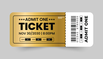 Golden admit one ticket design with barcode and event details for special events