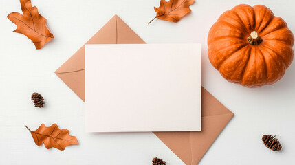 Elegant mockup of a blank card with a festive pumpkin. Refined presentation of an empty notice featuring a celebratory gourd autumnal holiday invitation greeting season thanksgiving