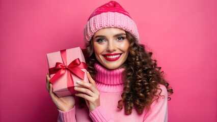 Beautiful woman in pink winter clothes holding a wrapped gift box smiling