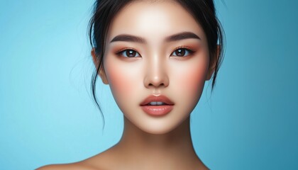 Fototapeta premium Stunning Asian Woman With Flawless Skin And Sparkling Eyes On Blue Background. Natural Makeup And Facial Treatment For Beauty And Cosmetology.