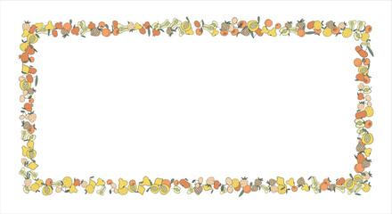 Frame of bright juicy berries. Frame with natural products. Empty space for text. Also can be used as banner, flyer, texture, poster. Hand drawing. Vector background. Illustration
