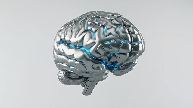 Metal-texture brain emits a blue glow, presented in clean studio lighting against a neutral background