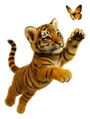 Obraz premium Playful tiger cub jumping at butterfly, isolated on transparent background.