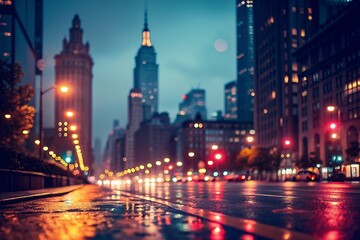 Obraz premium Rainy new york city street at night with glowing lights