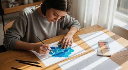 Fototapeta premium Young caucasian woman painting hexagonal patterns in bright workspace