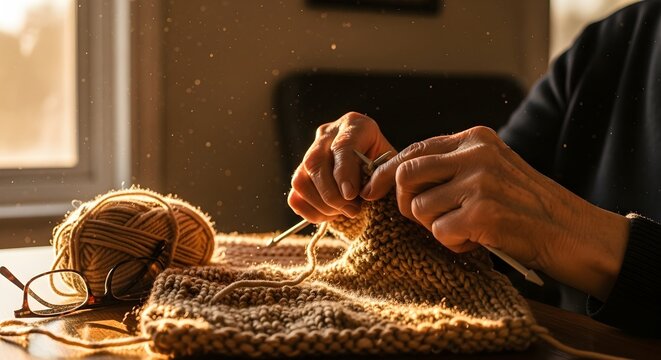 Close-up of elderly hands knitting with yarn and needles, bathed in warm sunlight, evoking comfort and tradition. - Powered by Adobe