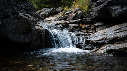 Gentle waterfall cascading over rocks in a tranquil natural setting during autumn