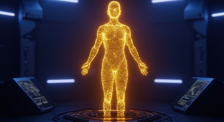 Glowing human body model, futuristic technology, digital anatomy, energy field.
