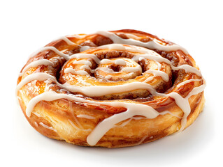 Fototapeta premium Ultra detailed product style photo of Delicious cinnamon roll with icing swirl sweet treat bakery dessert food isolated on transparent background, studio product photo on a clean white background, iso