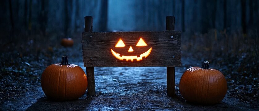 Halloween forest decoration featuring wooden sign fri. Spooky woodland adornment timber marker autumnal holiday scene eerie grove seasonal celebration handcrafted board october