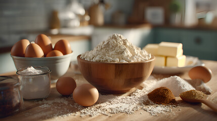 Fototapeta premium Ingredients for baking a delicious cake resting on kitchen table