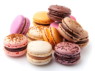 High resolution high clarity image of Delicious colorful macarons dessert sweets bakery confectionery assortment isolated on transparent background, studio product photo on a clean white background, i