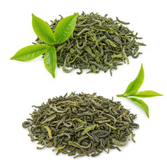 Green Tea Leaves On Clean White Background