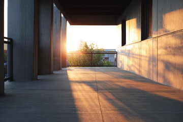 Naklejka premium Modern Concrete Corridor with Golden Sunset Light Casting Long Shadows and Open Sky View 