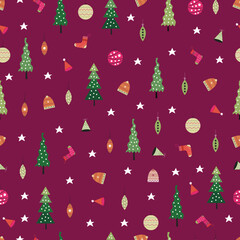 Christmas tree and ornaments vector seamless pattern. Holly jolly Xmas surface design of pine trees, santa hats, baubles, socks and polka dots on purple background