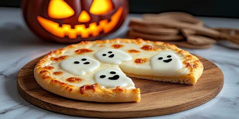 Halloween pizza with ghost shaped mozzarella cheese. Spooky flatbread creation cheddar apparition october feast holiday meal frightful snack creepy cuisine seasonal baking trick