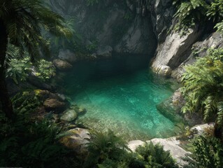 Fototapeta premium Tranquil jungle pool, hidden ravine, sunlight, ferns, travel brochure
