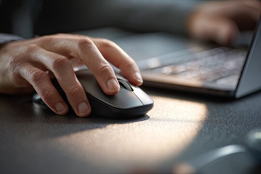 Close-up of hand using a dark gray computer mouse on a desk.  Laptop visible in background